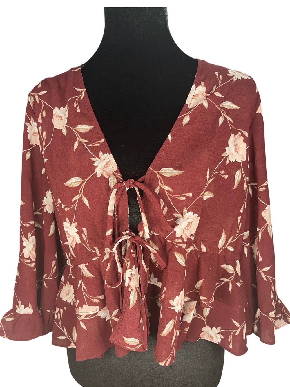 Wayf Burgundy Floral Tie-Front Peplum Top